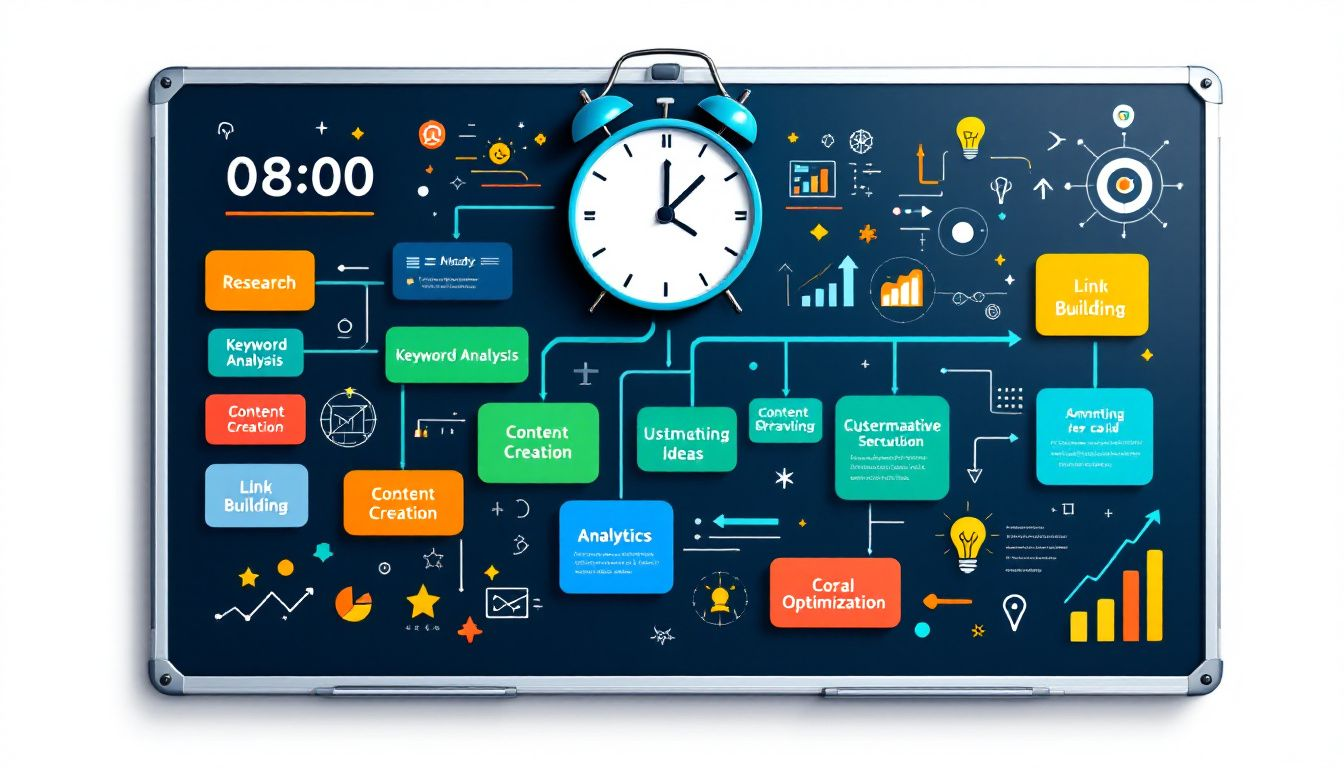 Ein typischer Tagesablauf eines SEO-Experten, dargestellt durch einen Zeitplan auf einem Whiteboard.