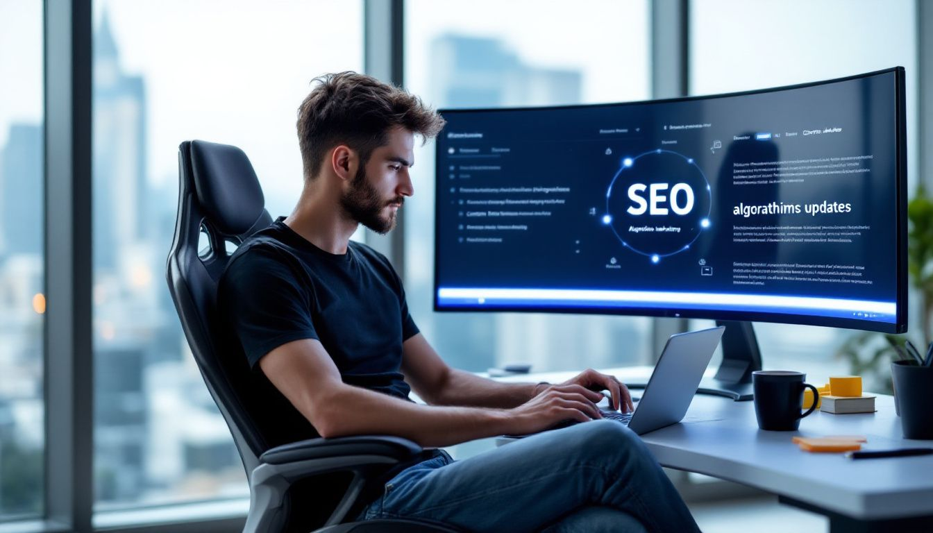 Ein angehender SEO-Experte, der an einem Laptop Tipps und Best Practices liest.